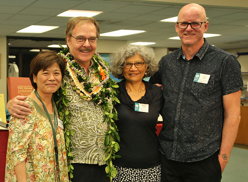 Caption, group photo: (L-R)Librarian Dore Minatodani, Dr. Albert J. Schutz, Head UH Librarian Dr. Monica Ghosh & Librarian Stu Dawr at Hamilton Library