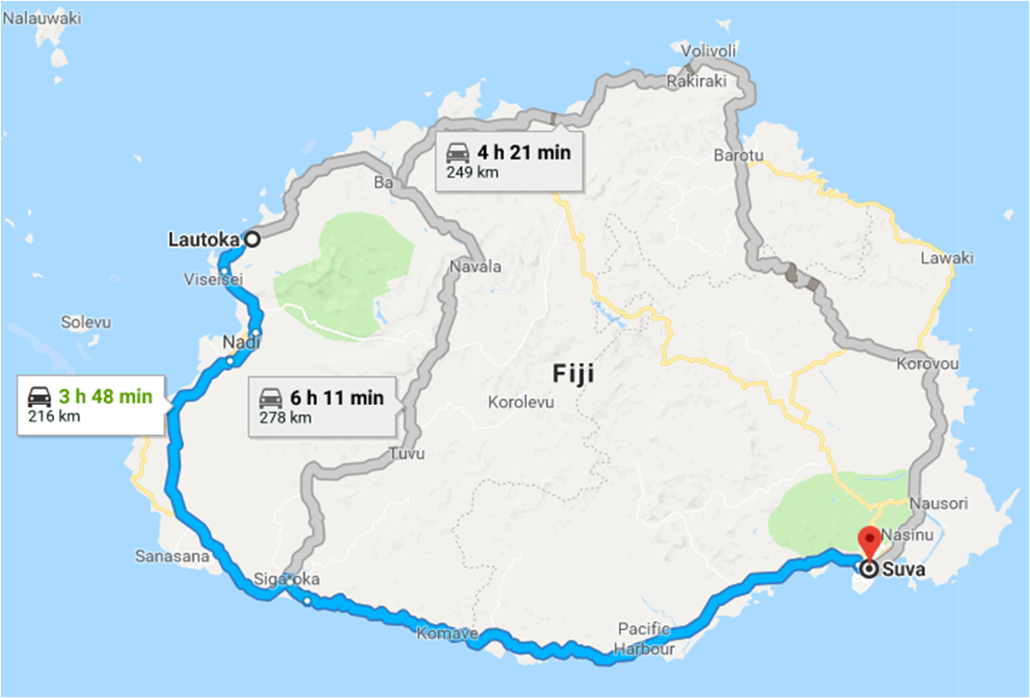 Map of the Queens Road Map of the Queens Road--most bus service connecting Suva and Nadi traverses this road